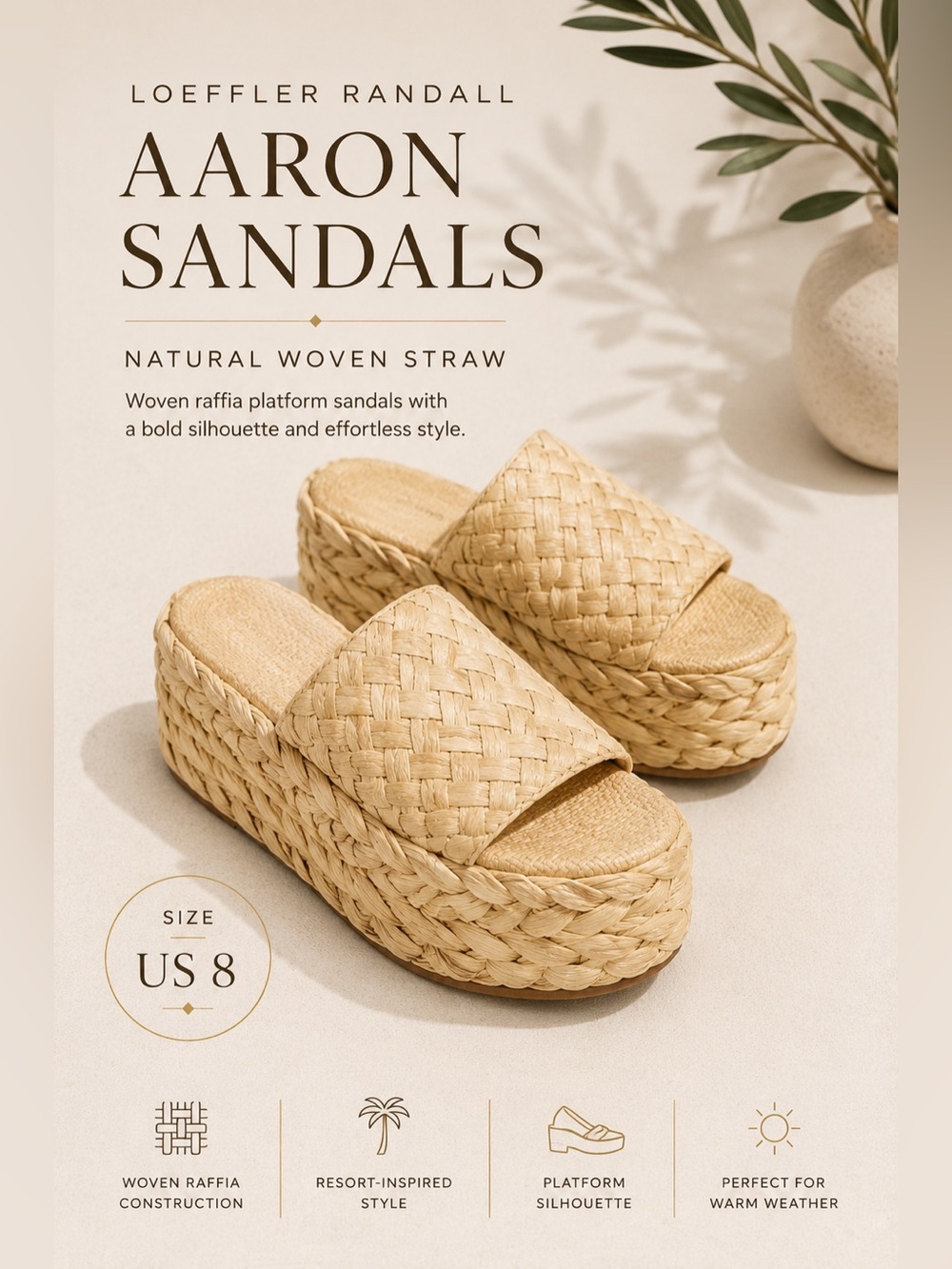 Loeffler Randall Aaron Natural Woven Straw Raffia Platform Sandals Size 8